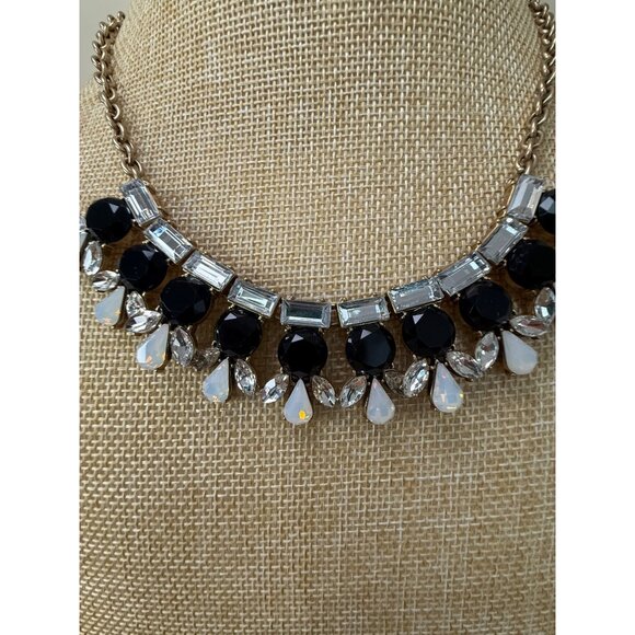 J. Crew Statement Necklace Gold Chain With Black & Clear Stones Teardrop - Picture 2 of 9